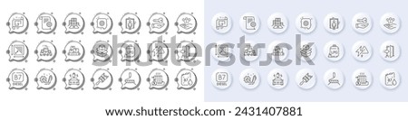 Square area, Inventory and Cogwheel line icons. White pin 3d buttons, chat bubbles icons. Pack of Entrance, Diesel canister, Architectural plan icon. Vector