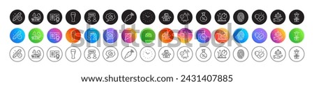 Beer glass, Loan and Winner podium line icons. Round icon gradient buttons. Pack of Justice scales, Information bell, Exhaust icon. Diploma, Medical pills, Timer pictogram. Vector