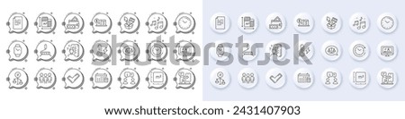 Online video, Group and Phone timing line icons. White pin 3d buttons, chat bubbles icons. Pack of Time change, Online accounting, Electricity power icon. Interview, Time, Survey pictogram. Vector