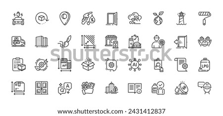 Buying house, Petrol station and Brush line icons pack. AI, Question and Answer, Map pin icons. Buildings, Technical documentation, Floor plan web icon. Vector