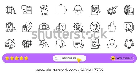 Augmented reality, Face id and Question mark line icons for web app. Pack of Face recognition, Report checklist, No hearing pictogram icons. Inspect, Chat bubble, Clipboard signs. Search bar. Vector