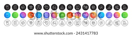 3d app, Diesel and Fast food line icons. Round icon gradient buttons. Pack of Yoga, Continuing education, Scroll down icon. Shirt, Quick tips, Hold heart pictogram. Vector