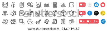 Empower, Accounting and Hearing line icons pack. Social media icons. Work, Add team, Timer web icon. Team work, Algorithm, Interview pictogram. Square meter, Puzzle, Oil barrel. Teamwork chart. Vector