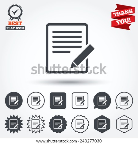 Edit document sign icon. Edit content button. Circle, star, speech bubble and square buttons. Award medal with check mark. Thank you ribbon. Vector