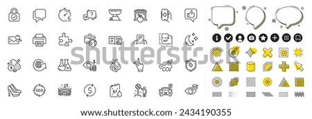 Set of Print image, Global business and Receive file line icons for web app. Design elements, Social media icons. Hot offer, Check eye, Engineering documentation icons. Vector