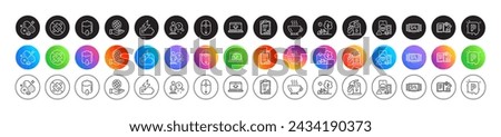 Scroll down, Diesel station and No puzzle line icons. Round icon gradient buttons. Pack of Vitamin h, Bicycle, Battery icon. Website education, Checklist, Safe planet pictogram. Vector