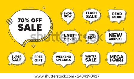 Offer speech bubble icons. Sale 70 percent off discount. Promotion price offer sign. Retail badge symbol. Sale chat offer. Speech bubble discount banner. Text box balloon. Vector