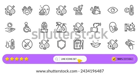 Face cream, Insurance hand and Celsius thermometer line icons for web app. Pack of Lips, Dont touch, Electronic thermometer pictogram icons. Sun protection, Disability, Eye signs. Search bar. Vector