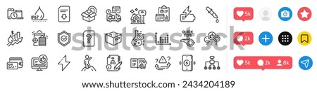 Unknown file, Wireless charging and Return package line icons pack. Social media icons. Rise price, Battery, Chemistry pipette web icon. Like, Office box, Algorithm pictogram. Vector