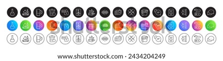 Sign out, Dots message and Chemistry lab line icons. Round icon gradient buttons. Pack of Cash transit, Text message, Recovery trash icon. Sound wave, Organic product, Thumb down pictogram. Vector