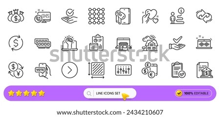 Currency rate, Currency exchange and Refresh line icons for web app. Pack of Dollar exchange, Earphones, Forward pictogram icons. Approved report, Square area, Density signs. Ram. Search bar. Vector