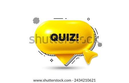 Click here speech bubble 3d icon. Quiz tag. Answer question sign. Examination test symbol. Quiz chat offer. Speech bubble banner. Text box balloon. Vector