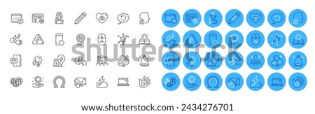 Lightning bolt, Social responsibility and Chromium mineral line icons pack. Omega, Battery, 5g internet web icon. Charging station, Vaccination, Electricity plug pictogram. Recovery data. Vector
