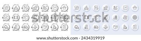Open door, Power certificate and Mobile inventory line icons. White pin 3d buttons, chat bubbles icons. Pack of Floor plan, Office box, Skyscraper buildings icon. Vector