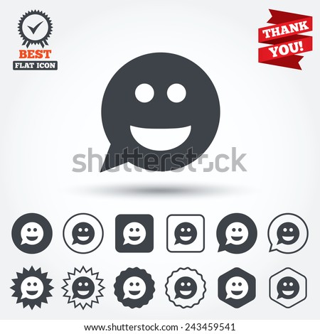 Smile face sign icon. Happy smiley chat symbol. Speech bubble. Circle, star, speech bubble and square buttons. Award medal with check mark. Thank you ribbon. Vector