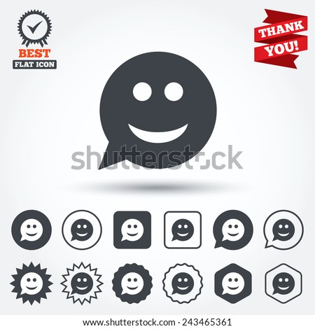 Smile face sign icon. Happy smiley chat symbol. Speech bubble. Circle, star, speech bubble and square buttons. Award medal with check mark. Thank you ribbon. Vector