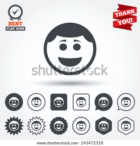 Smile face sign icon. Happy smiley with hairstyle chat symbol. Circle, star, speech bubble and square buttons. Award medal with check mark. Thank you ribbon. Vector