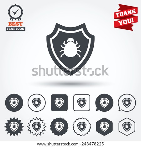 Shield sign icon. Virus protection symbol. Bug symbol. Circle, star, speech bubble and square buttons. Award medal with check mark. Thank you ribbon. Vector