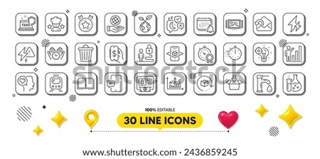 Trash bin, Send mail and Electricity line icons pack. 3d design elements. Return package, Bitcoin atm, Chemistry flask web icon. Money app, Get box, Book pictogram. Vector
