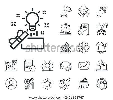 Creativity sign. Salaryman, gender equality and alert bell outline icons. Out of the box line icon. Gift box with idea symbol. Creative idea line sign. Spy or profile placeholder icon. Vector