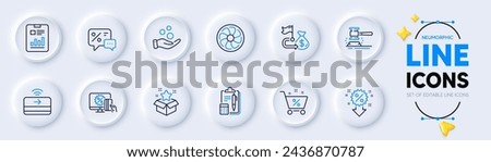 Fan engine, Financial goal and Contactless payment line icons for web app. Pack of Discount, Auction hammer, Report document pictogram icons. Accounting, Loyalty program, Online shopping signs. Vector