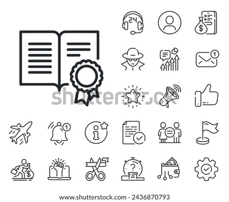 Certificate document symbol. Salaryman, gender equality and alert bell outline icons. Diploma with Medal line icon. Approved badge or Winner medal sign. Diploma line sign. Vector
