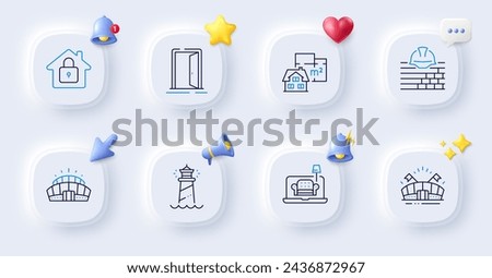 Open door, Build and Lock line icons. Buttons with 3d bell, chat speech, cursor. Pack of Lighthouse, Furniture, Floor plan icon. Arena stadium, Sports arena pictogram. For web app, printing. Vector