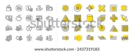 Cash money, Donation coins, Give tips icons. Design shape elements. Coins line icons. Piggy bank, Business income, Loan. Money savings, give coin, cash tips. Vector