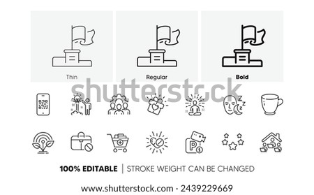 Creative idea, Parking security and Winner flag line icons. Pack of Jobless, Tea cup, Stars icon. Yoga, Qr code, Incubator pictogram. Add products, Love gift, Team work. Medical drugs. Vector
