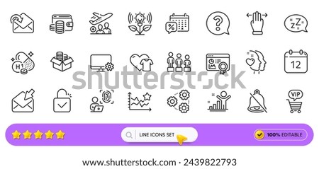 Discounts calendar, Passenger and Heart line icons for web app. Pack of Equality, Incubator, Lock pictogram icons. Annual calendar, Mute, Money box signs. Computer fingerprint, Sleep. Vector