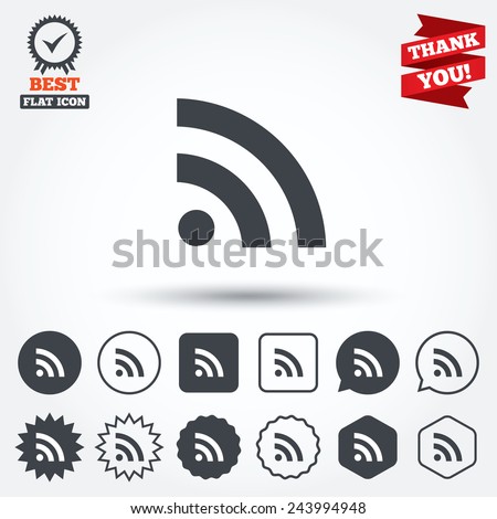 RSS sign icon. RSS feed symbol. Circle, star, speech bubble and square buttons. Award medal with check mark. Thank you. Vector