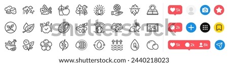 Antistatic, Photo and Cold-pressed oil line icons pack. Social media icons. Natural linen, Leaf, Vegetables web icon. Pecan nut, Co2 gas, Potato pictogram. Bad weather, Peas, Iceberg. Vector