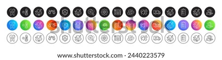 Dental insurance, Shield and Social distancing line icons. Round icon gradient buttons. Pack of Ambulance emergency, Weather thermometer, Health eye icon. Vector