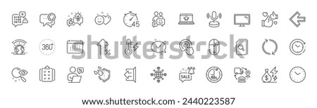 Calendar, Timer and Scroll down line icons. Pack of Like, Click, Search files icon. Online discounts, Left arrow, Increasing percent pictogram. Refresh, Logistics network, 360 degrees. Vector