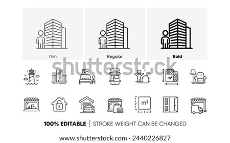 Delivery truck, Food market and Armchair line icons. Pack of Lock, Garage, Square meter icon. Lighthouse, Marketplace, Open door pictogram. New house, Agent, Market. Furniture. Line icons. Vector