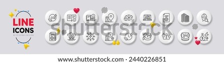 Power, Co2 gas and Web inventory line icons. White buttons 3d icons. Pack of Charging time, Skyscraper buildings, Warning icon. Electricity price, Charging station, Technical info pictogram. Vector