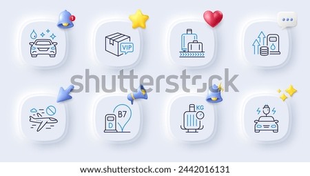 Fuel price, Cancel flight and Diesel station line icons. Buttons with 3d bell, chat speech, cursor. Pack of Car charging, Vip parcel, Baggage reclaim icon. Car wash, Baggage scales pictogram. Vector