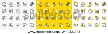 Outline Calendar, Friendship and Charge battery line icons pack for web with Medical mask, Heart, Seo gear line icon. Vitamin e, Settings blueprint, Pets care pictogram icon. Face id. Vector