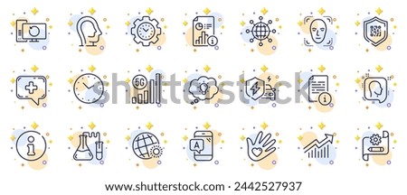 Outline set of Manual, Recovery computer and International globe line icons for web app. Include Head, Cogwheel blueprint, Psychology pictogram icons. World weather, 5g wifi, Report signs. Vector