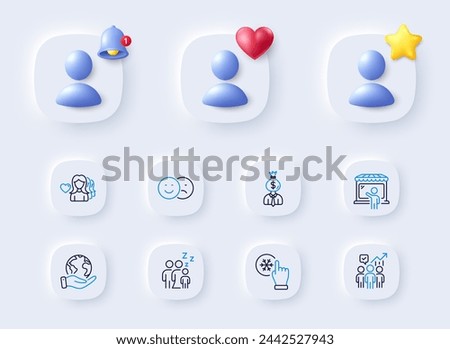 Market seller, Woman love and Manager line icons. Placeholder with 3d bell, star, heart. Pack of Sleep, Freezing click, Like icon. Business statistics, Save planet pictogram. Vector
