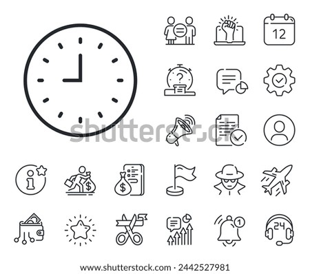Time sign. Salaryman, gender equality and alert bell outline icons. Clock line icon. Office Watch or Timer symbol. Clock line sign. Spy or profile placeholder icon. Online support, strike. Vector