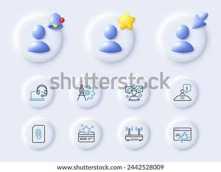 Interview, Seo marketing and Loyalty card line icons. Placeholder with 3d cursor, bell, star. Pack of Cogwheel dividers, Consult, Wifi icon. Attachment, Social media pictogram. Vector