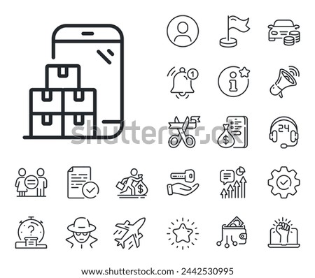 Wholesale app sign. Salaryman, gender equality and alert bell outline icons. Mobile inventory line icon. Warehouse boxes symbol. Mobile inventory line sign. Spy or profile placeholder icon. Vector