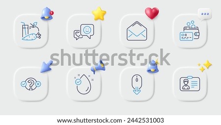 Mail, Quiz test and Vitamin e line icons. Buttons with 3d bell, chat speech, cursor. Pack of Identification card, Smile, Scroll down icon. Juice, Card pictogram. For web app, printing. Vector