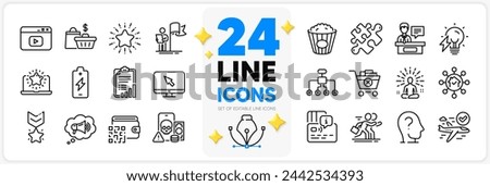 Icons set of Qr code, Restructuring and Competition line icons pack for app with Electricity bulb, Phishing, Video content thin outline icon. Megaphone, Exhibitors, Battery charging pictogram. Vector