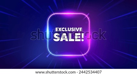 Exclusive Sale tag. Neon light frame box banner. Special offer price sign. Advertising Discounts symbol. Exclusive sale neon light frame message. Vector