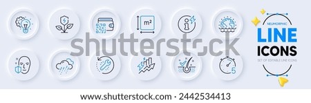 Power info, Anti-dandruff flakes and Square area line icons for web app. Pack of Idea gear, Qr code, Rainy weather pictogram icons. Consumption growth, Recovery tool, Face protection signs. Vector