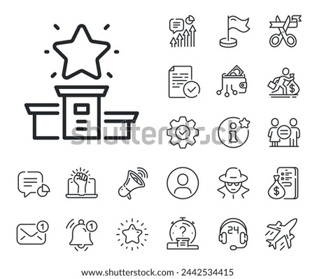 First place sign. Salaryman, gender equality and alert bell outline icons. Winner podium line icon. Best rank star symbol. Winner podium line sign. Spy or profile placeholder icon. Vector