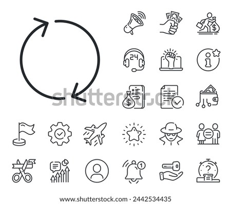 Rotation Arrowhead symbol. Salaryman, gender equality and alert bell outline icons. Refresh arrow line icon. Navigation pointer sign. Refresh line sign. Spy or profile placeholder icon. Vector