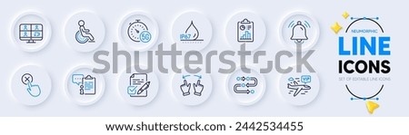 Disability, Voting ballot and Waterproof line icons for web app. Pack of Reject click, Move gesture, Clipboard pictogram icons. 5g internet, Video conference, Notification bell signs. Vector
